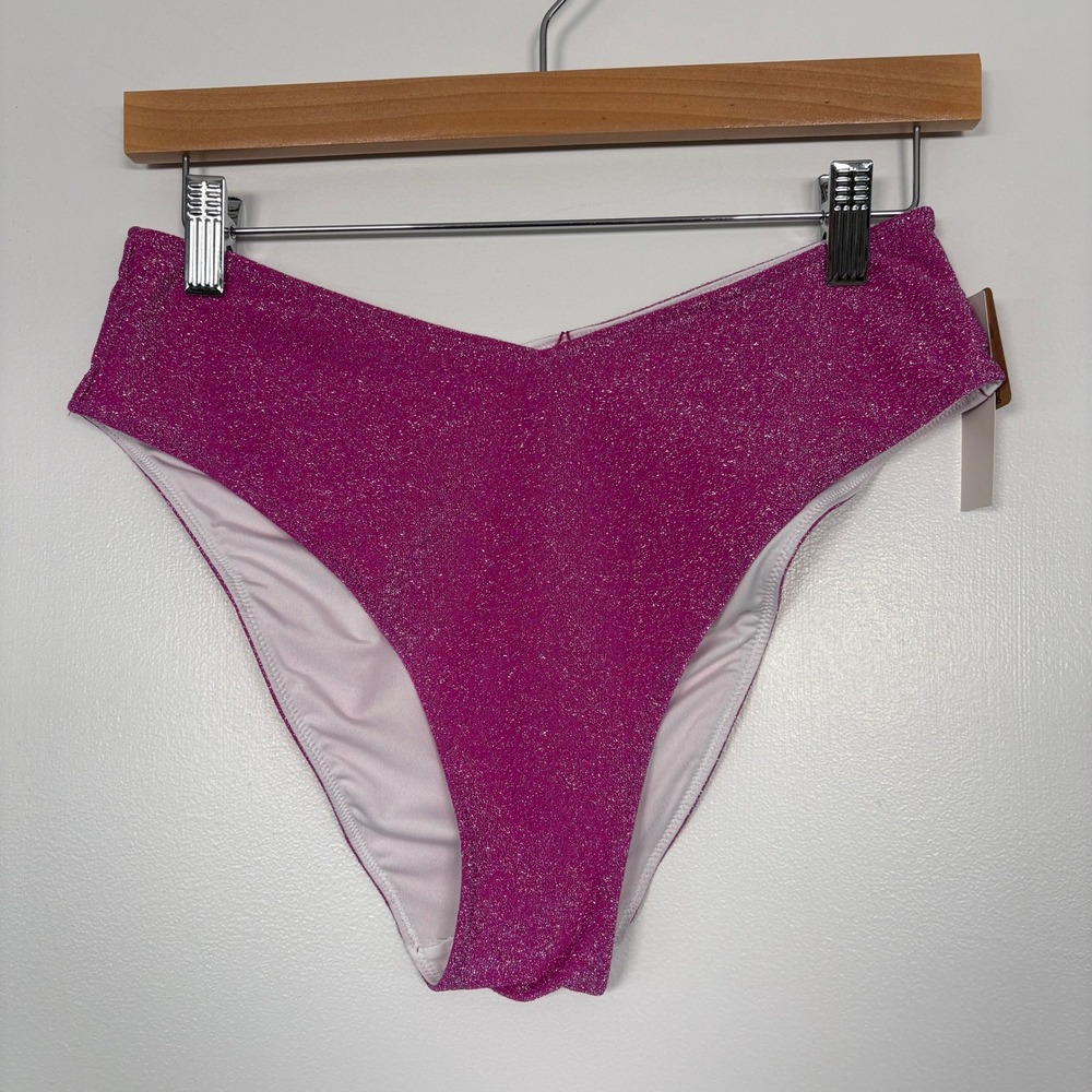 PINK Victoria's Secret Womens Swim Bottoms M Pink Metallic High Leg V-Waist NWT